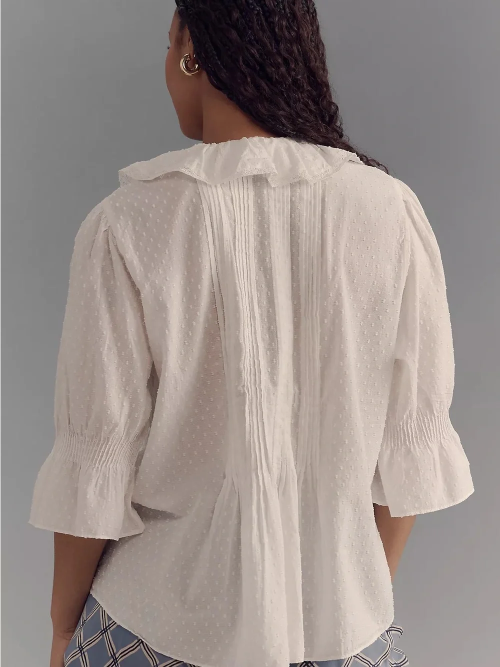 Anthropologie Ruffled Pin-Tuck Button- Front Cream Ruffled Swiss Dot Blouse Sz S
